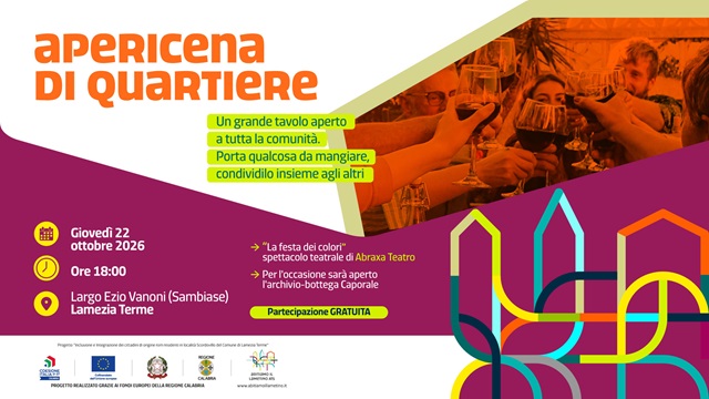 Sambiase, il 22 ottobre il primo apericena di quartiere di “Intrecci” Sambiase, il 22 ottobre il primo apericena di quartiere di “Intrecci”